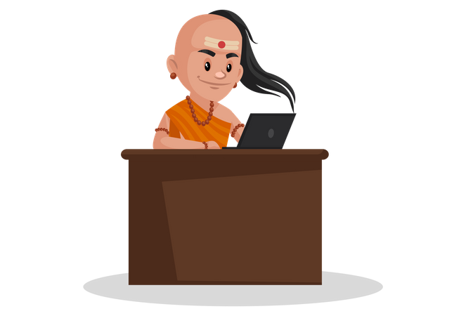 Chanakya working on laptop Illustration
