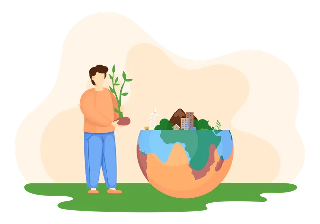 Change Climate Factory A Man Holds A Sprout In His Hands Takes Care Of The Purity Of Nature Environmental Protection Clean Planet With Green Energy Ecological Concept People Care About The Earth Illustration