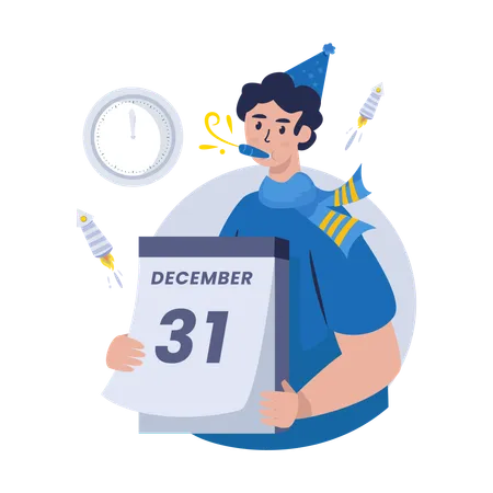 A Man With A Calendar Dated December 31 Welcomes The New Year Illustration 일러스트레이션