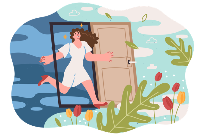 Change of season for woman running into area with sunny weather and beautiful nature through door  Illustration