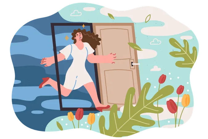 Change of season for woman running into area with sunny weather and beautiful nature through door  Illustration