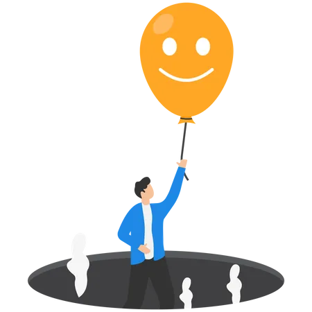 Changing Mindset To Be More Positive For Better Life Reframing Negative Thought Optimistic Concept Businessman Flying Out Of Hole By Using Smiley Face Balloon Illustration