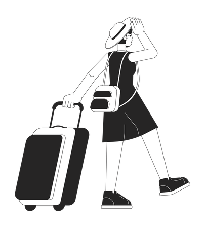 Chapeau jeune femme voyageant avec une valise  Illustration