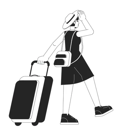 Chapeau jeune femme voyageant avec une valise  Illustration