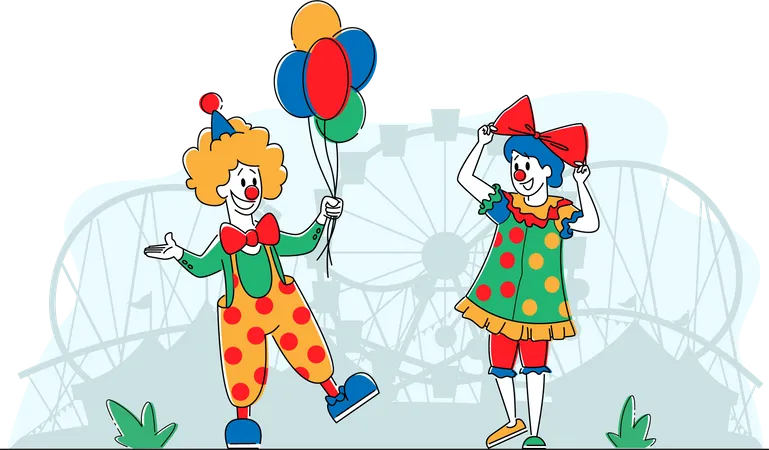 Comediens Clowns Dans Le Parc Dattractions Big Top Souriant Joker Personnages Masculins Et Feminins Avec Des Ballons Jester Performer Artiste De Spectacle De Cirque En Costume Et Perruque Amusants Illustration Vectorielle De Personnes Lineaires Illustration