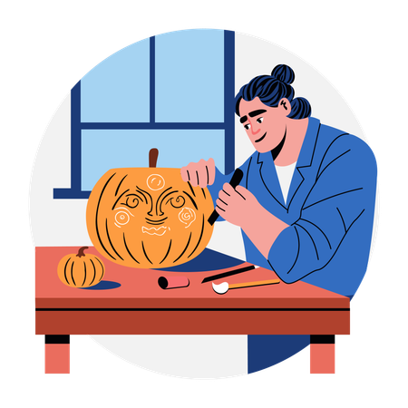 Character carving pumpkin with knife  Illustration