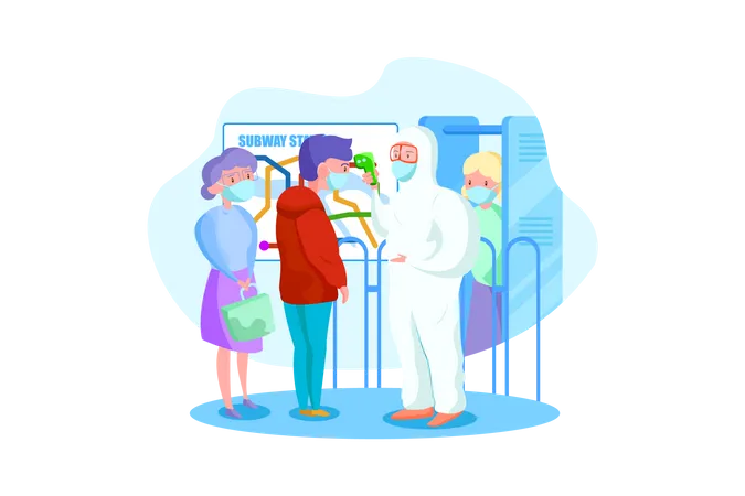Character in hazmat suit checking temperature at subway station Illustration