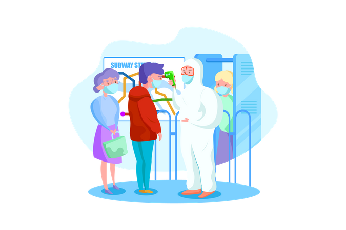 Character in hazmat suit checking temperature at subway station  Illustration