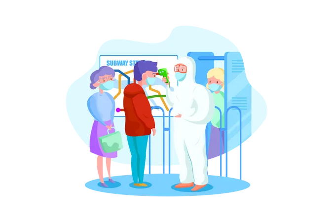 Character in hazmat suit checking temperature at subway station  Illustration