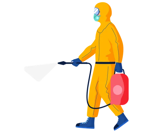 Character in protective outfit isolated on white background. Man sprays disinfectant liquid  Illustration