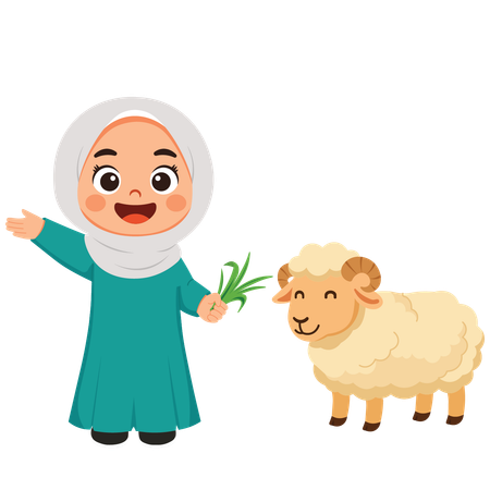 Character Of Girl Celebrating Eid Al-Adha By Feeding Sheep happily  Illustration