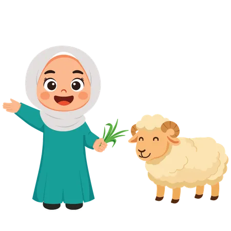 Character Of Girl Celebrating Eid Al-Adha By Feeding Sheep happily  Illustration