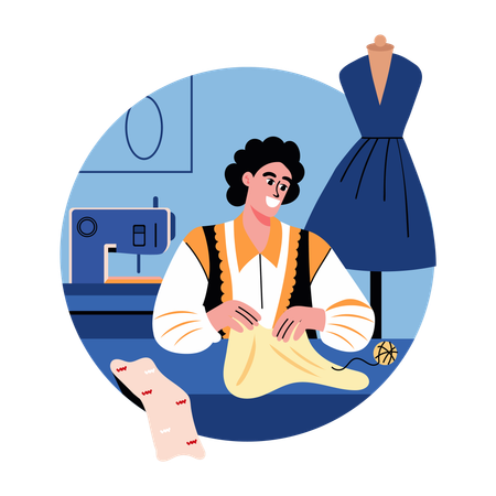 Character sewing cloth with hands  Illustration