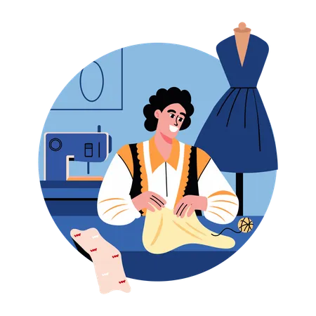 Character sewing cloth with hands  Illustration