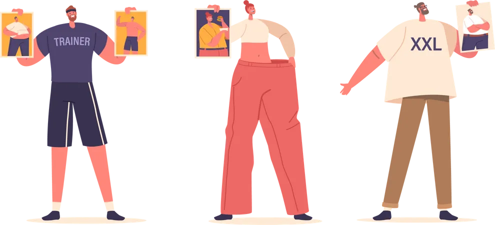 Characters Before And After Weight Loss Transformation Boosting Confidence And Well Being Physical And Mental Changes Inspire Healthier Lifestyles And Improved Self Image Vector Illustration イラスト