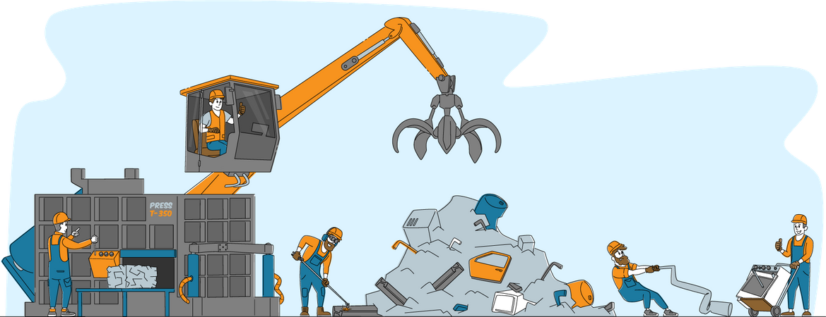 Characters Bring and Recycling Old Metal Things and Technique on Junkyard. Scrap Metal Recycle Industry, Trash Reuse  Illustration