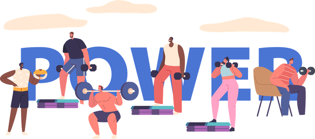Characters Exerting Strength Lifting Weights In The Gym  イラスト