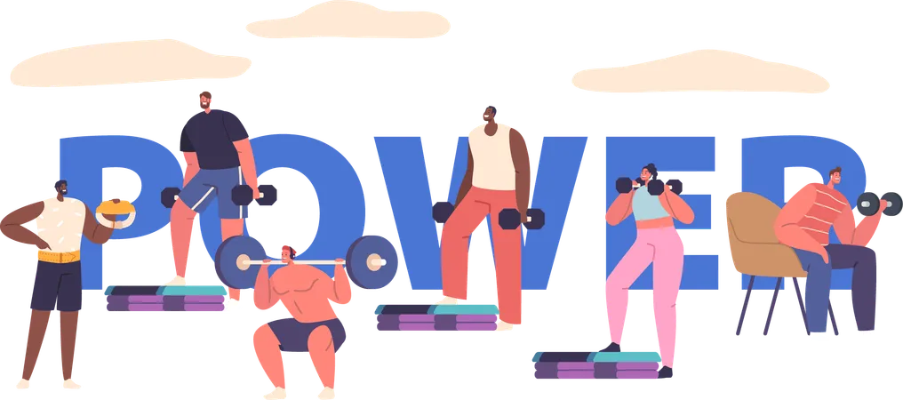 Male And Female Characters Exerting Strength Lifting Weights In The Gym Clanking Metal Creating An Atmosphere Of Dedication And Physical Prowess Vector Concept Of Power For Banner Poster Or Flyer Illustration