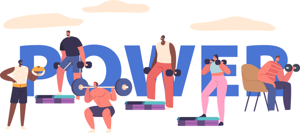 Characters Exerting Strength Lifting Weights In The Gym  Illustration