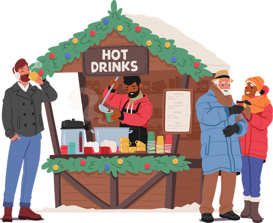 Characters Gather At Christmas Fair Stall  Illustration