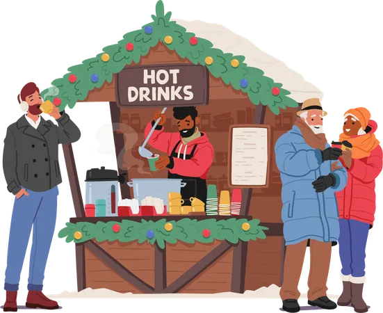 Characters Gather At Christmas Fair Stall  Illustration