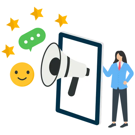 Characters giving helpdesk service five stars and emoji  Illustration