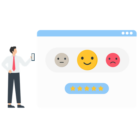 Characters giving review to customer service operator and choosing emoji to show satisfaction rating  Illustration