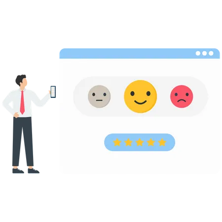 Characters giving review to customer service operator and choosing emoji to show satisfaction rating  Illustration