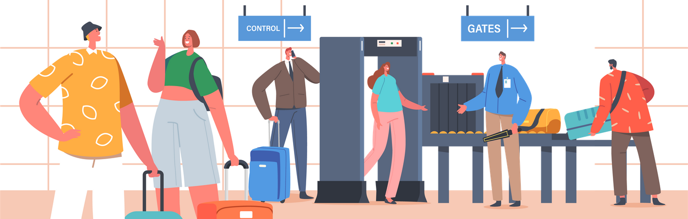 Characters in Airport Pass through Metal Detector Security Illustration