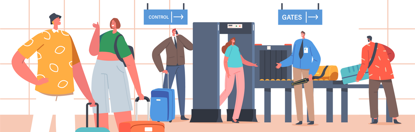 Characters in Airport Pass through Metal Detector Security  Illustration