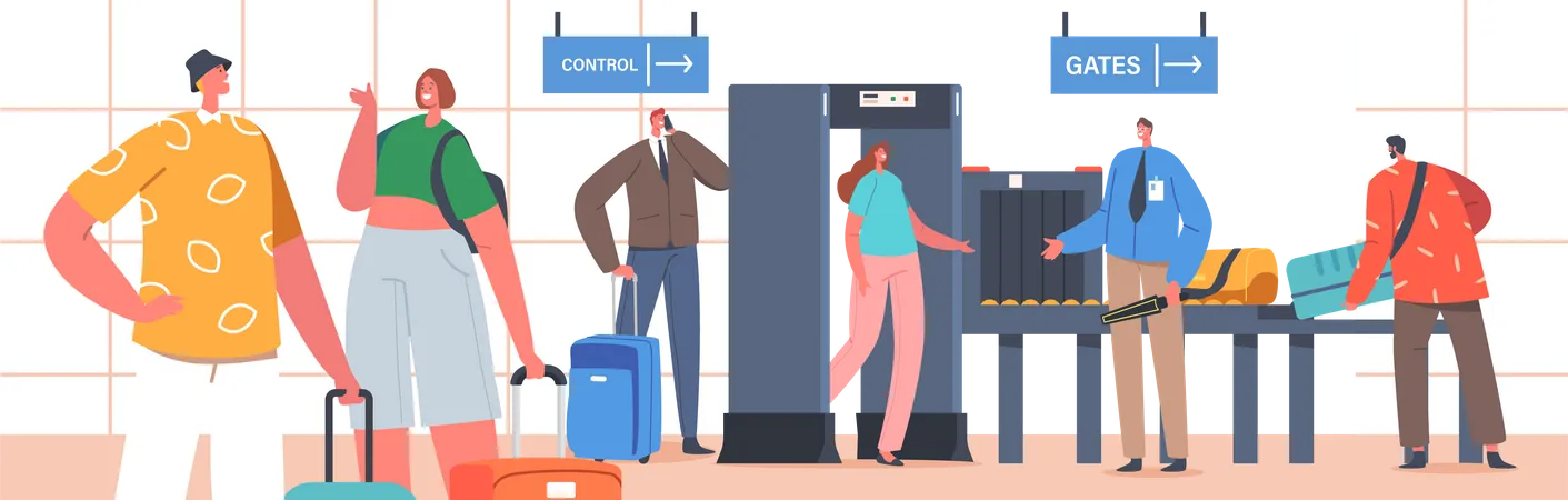 Characters in Airport Pass through Metal Detector Security  Illustration