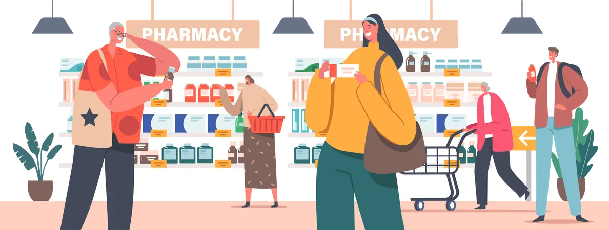 Characters Purchase Drugs in Pharmacy Store Illustration