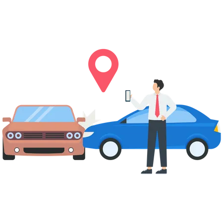 Characters standing near broken car and calling to insurance company  Illustration