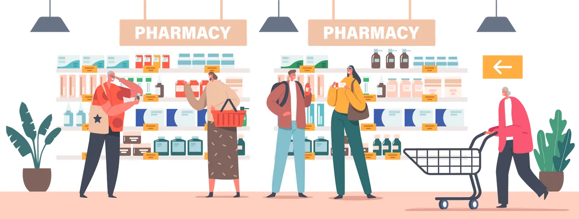 Characters with Shopping Trolleys Purchase Drugs in Pharmacy Store Illustration