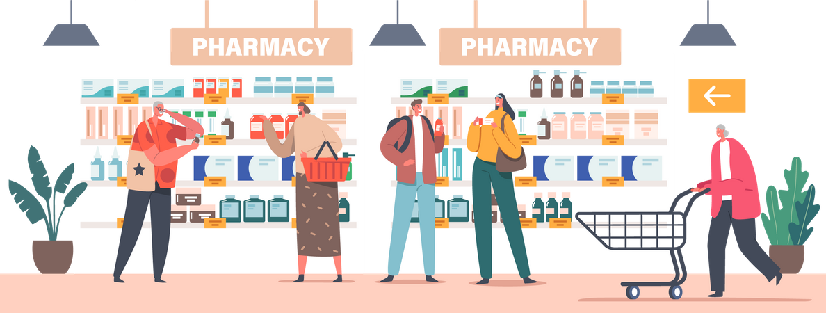 Characters with Shopping Trolleys Purchase Drugs in Pharmacy Store  Illustration