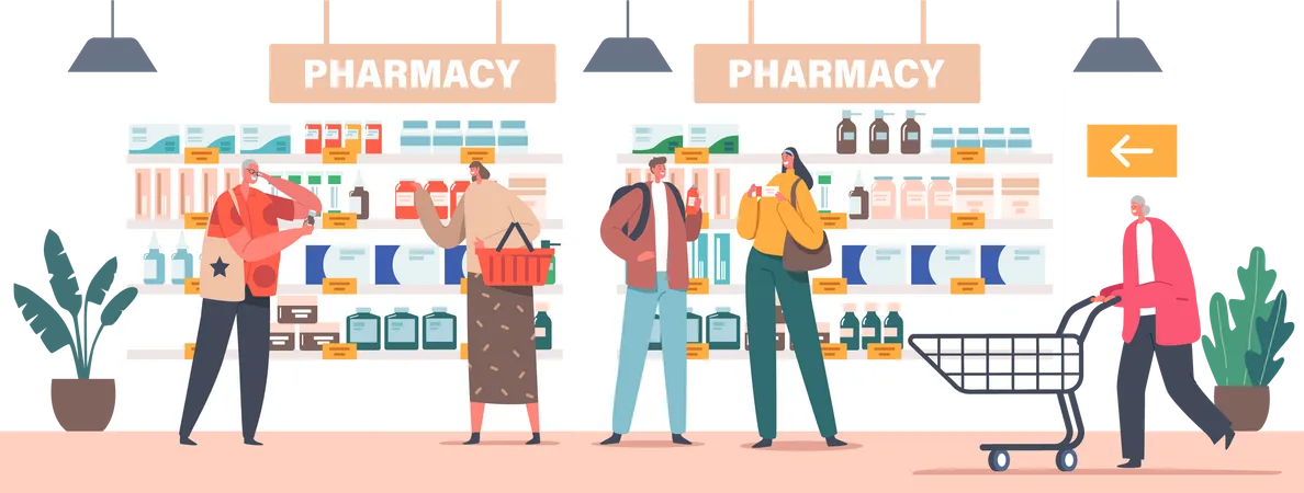 Characters with Shopping Trolleys Purchase Drugs in Pharmacy Store  Illustration