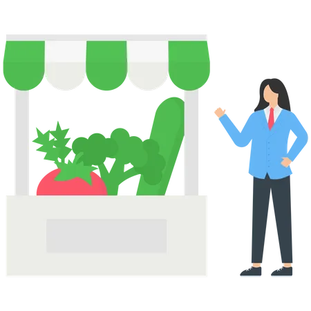 Charakter kauft frisches Bio-Gemüse auf dem örtlichen Bauernmarkt und kocht gesunde vegane Mahlzeiten  Illustration