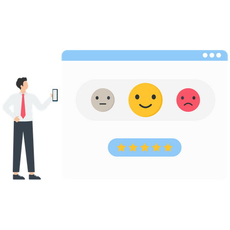 Charaktere, die dem Kundendienstmitarbeiter eine Bewertung geben und Emojis auswählen, um die Zufriedenheitsbewertung anzuzeigen  Illustration