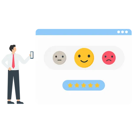 Charaktere, die dem Kundendienstmitarbeiter eine Bewertung geben und Emojis auswählen, um die Zufriedenheitsbewertung anzuzeigen  Illustration