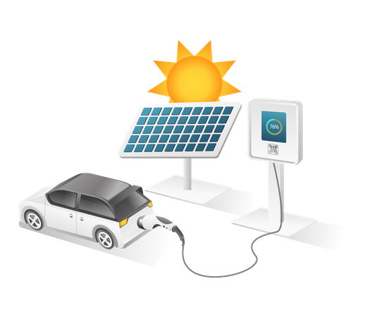 Recharge de voiture électrique à partir de l'énergie de panneaux solaires  Illustration