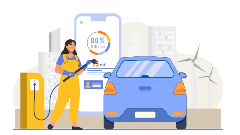 Charging Electric car at charging station  Illustration