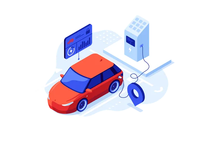 Charging EV At Electric Energy Station Marked With Map Pin Smart Car Concept Isometric Vector Illustration Monitoring Automobile Condition Via Mobile App Cartoon Design Colour Composition Illustration