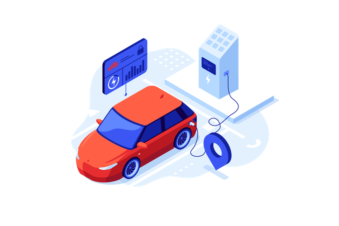 Charging EV at electric energy station marked with map pin  Illustration