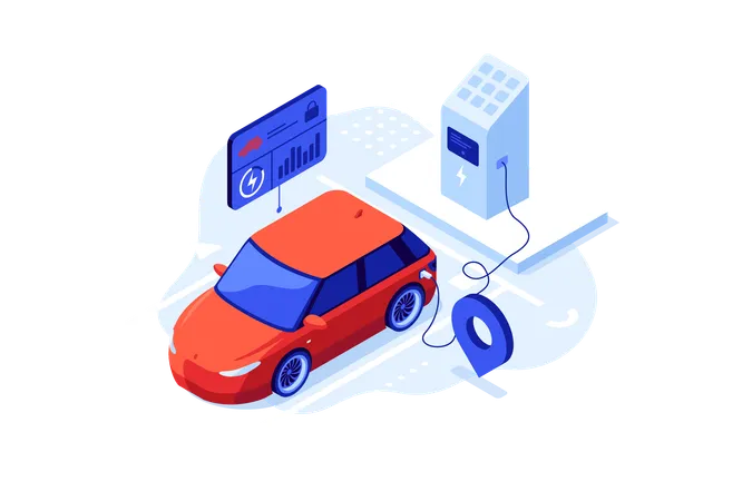 Charging EV at electric energy station marked with map pin  Illustration