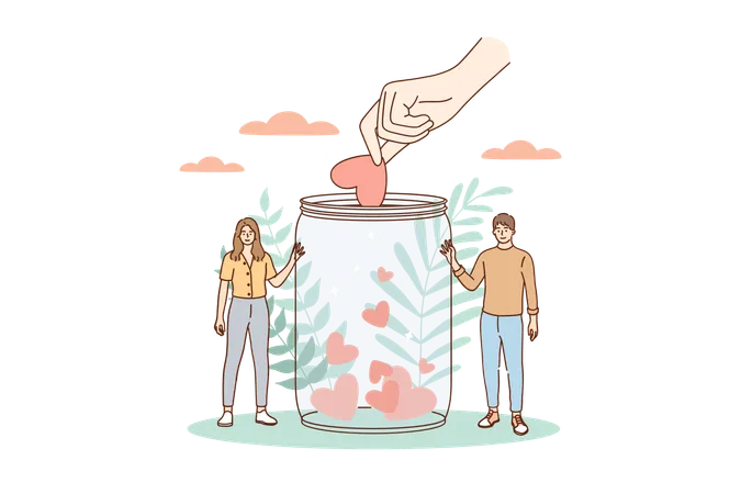 Support Volunteering Charity Concept Young Smiling Man And Woman Cartoon Characters Standing With Donation Jar Collecting Heart Symbols With Giving Hand For Charity Helping Campaign Illustration
