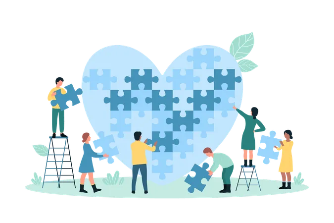 Charity Project Non Profit Organization Vector Illustration Cartoon Tiny People Fit Puzzle Into Heart Shape Volunteers Share Support And Social Help Donate Kindness Hope And Love Gift Together Illustration
