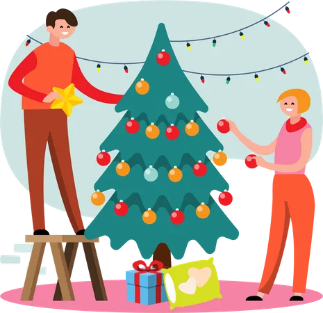 Joli couple décorant le sapin de Noël  Illustration