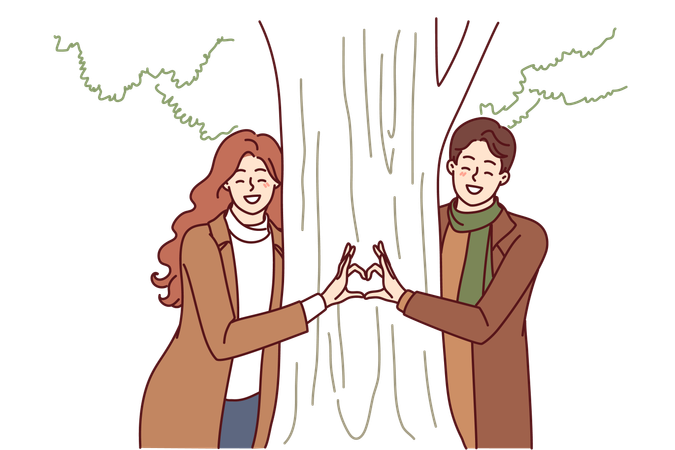 Un joli couple fait de la romance derrière un arbre  Illustration