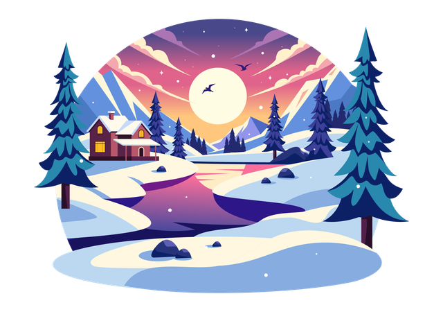 Vue charmante sur le village d'hiver  Illustration