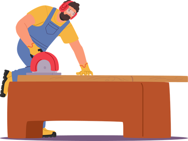 Menuisier en tenue de protection utilisant une scie électrique pour travailler le bois sur une grande table en bois  Illustration